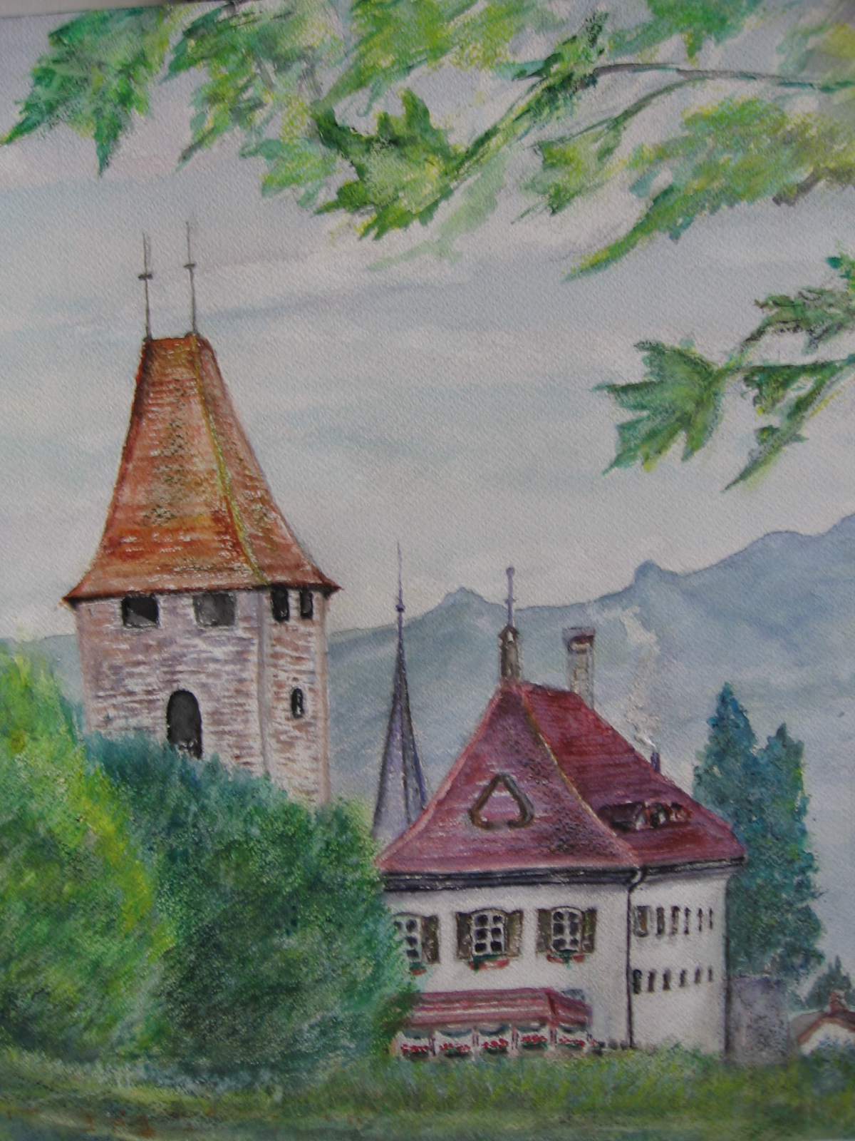 a painting of a castle in the mountains